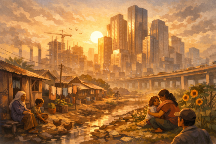 Ilustrasi pembangunan modern dengan latar gedung pencakar langit dan komunitas masyarakat yang representatif