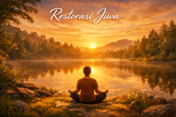 Orang bermeditasi di tepi danau tenang dengan latar belakang alam hijau dan langit matahari terbenam