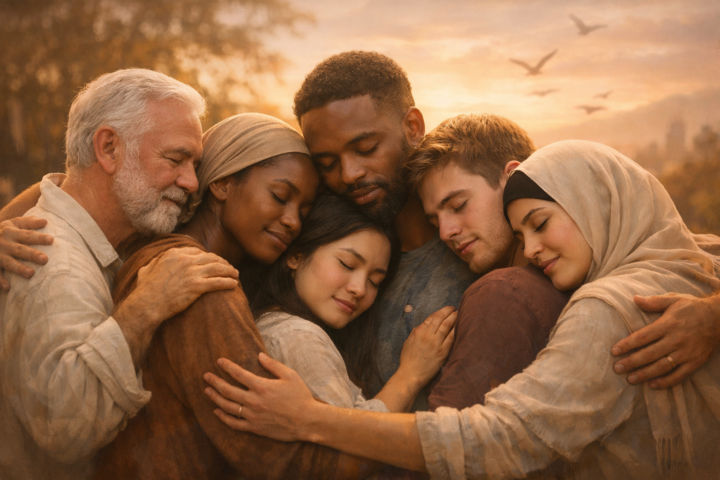 Orang-orang dari latar belakang beragam berpelukan sebagai simbol penyatuan dan penyembuhan di tengah polaritas sosial