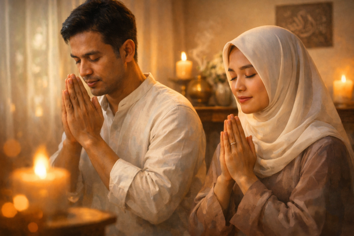 Orang berdoa dengan tulus dalam ruang damai yang diterangi cahaya lembut