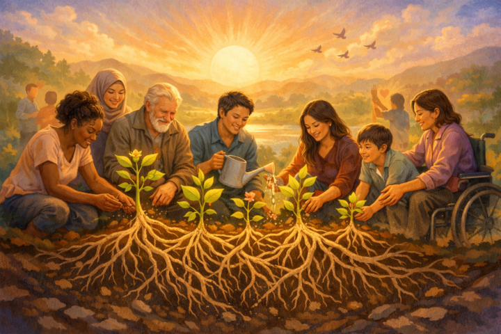 Ilustrasi ekosistem komunitas yang saling mendukung dengan orang-orang beragam menghubungkan dan menumbuhkan tanaman dari akar rumput