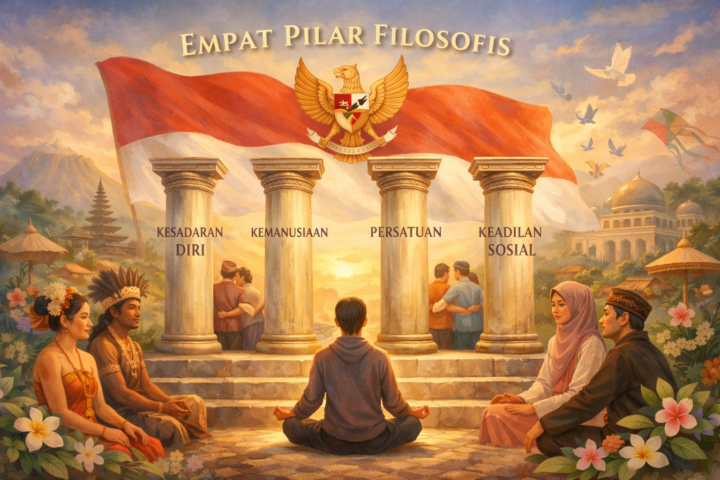 Empat pilar restorasi jiwa dengan simbol Indonesia dan keberagaman budaya