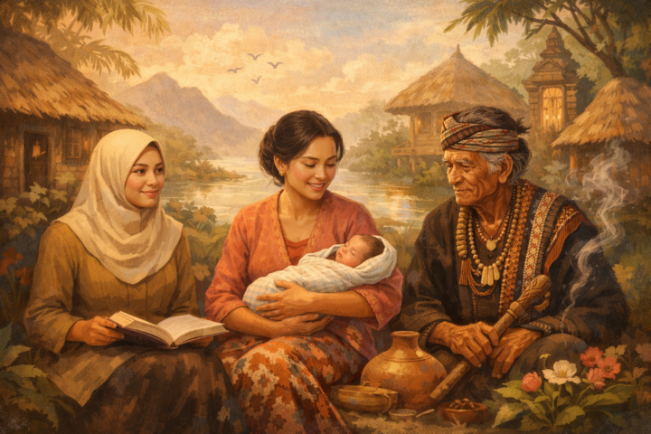 Guru, bidan, dan tokoh adat berdampingan melambangkan peran fasilitator dalam masyarakat