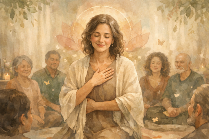 Ilustrasi fasilitator jiwa yang sadar dan menerima ketidaksempurnaan dalam lingkungan komunitas yang mendukung