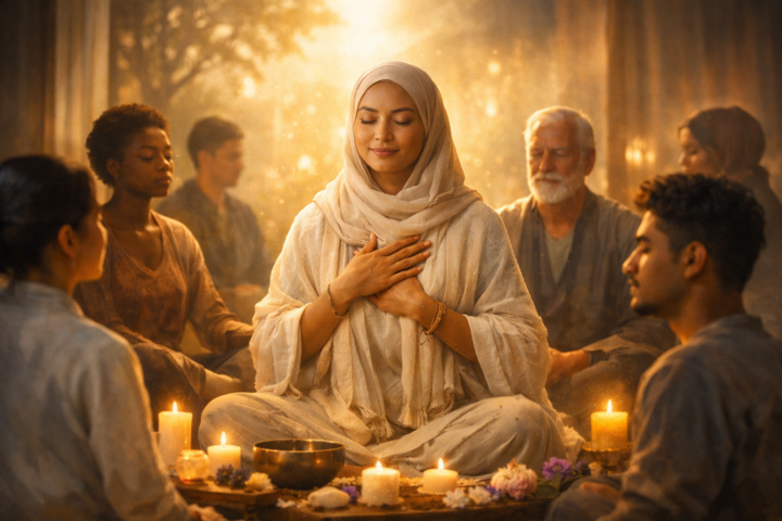 Fasilitator kesadaran memandu individu dalam meditasi untuk menemukan kedamaian batin di tengah masyarakat