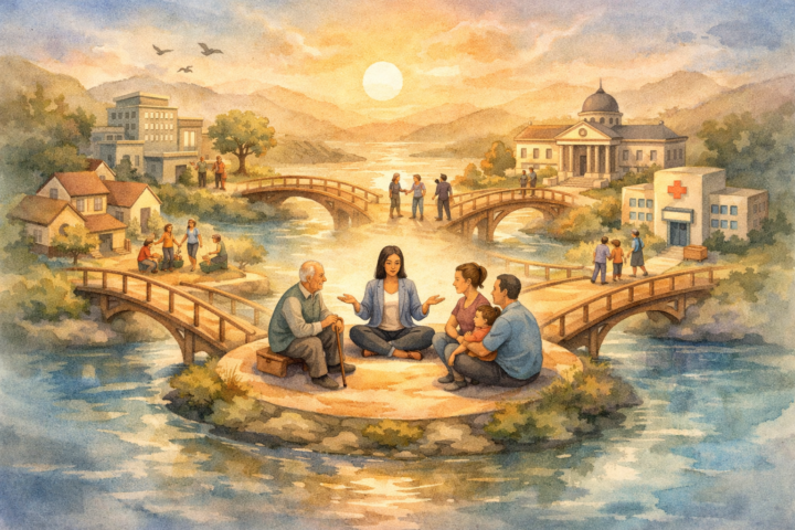 Ilustrasi fasilitator, anggota komunitas, dan institusi yang saling terhubung membentuk sinergi kolaborasi sosial