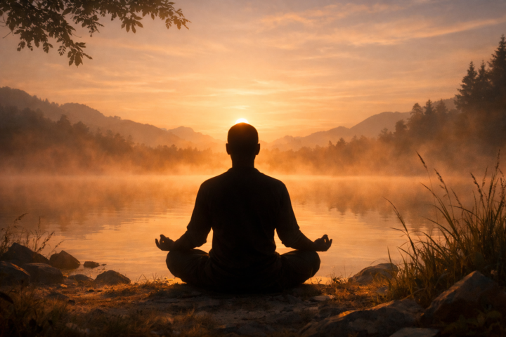 Orang bermeditasi di ruang hening alami simbol gerakan kesadaran tanpa gedung