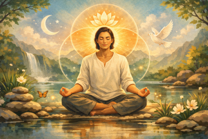Orang bermeditasi di alam dengan konsep keseimbangan tubuh, pikiran, dan jiwa