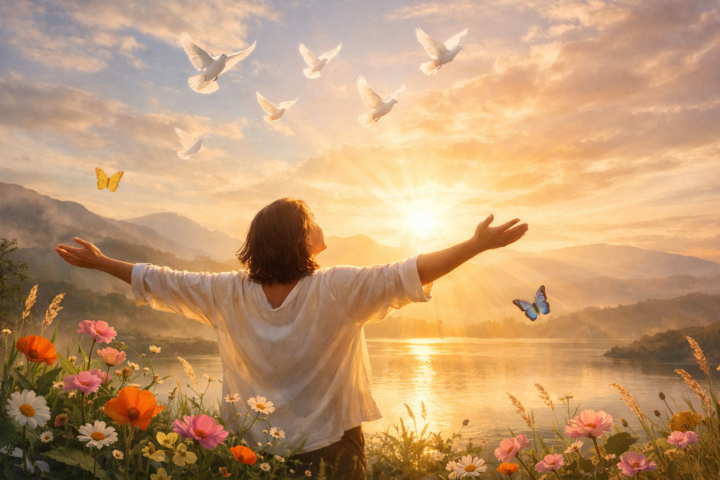 Ilustrasi seseorang yang merasakan kebebasan emosional dan spiritual dengan latar alam yang tenang dan cahaya lembut.