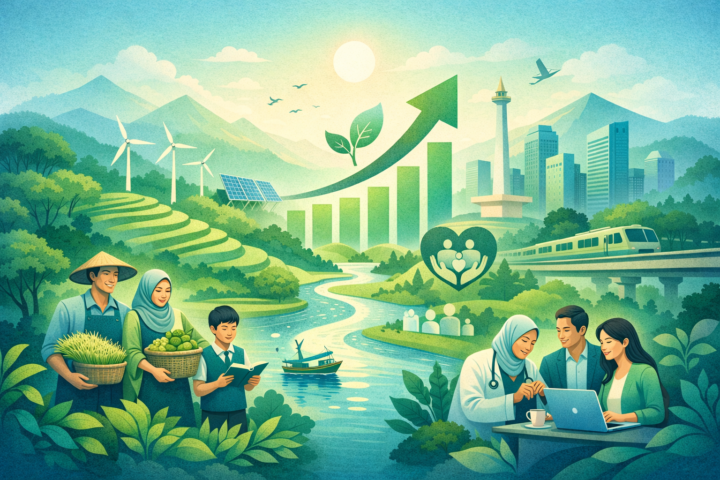 Ilustrasi pertumbuhan ekonomi Indonesia yang berkelanjutan dan inklusif dengan elemen masyarakat dan lingkungan
