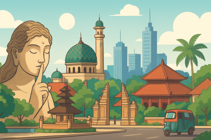 Pemandangan kota Indonesia yang tenang dengan elemen budaya yang hidup melambangkan suara kolektif yang sunyi