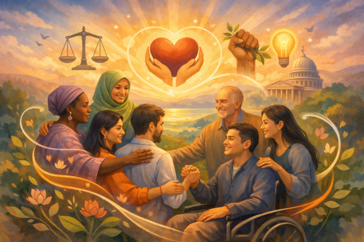 Ilustrasi orang-orang beragam mendukung satu sama lain sebagai simbol kesehatan jiwa holistik dan perubahan kebijakan inklusif