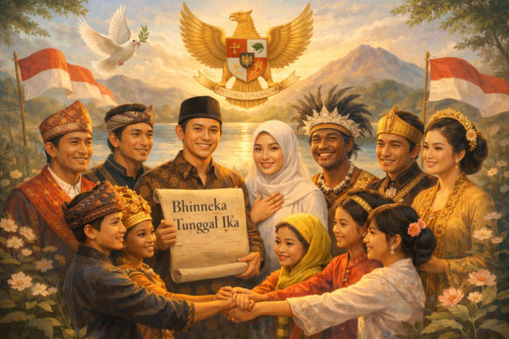 Beragam orang Indonesia mengenakan pakaian tradisional, bersatu dengan latar budaya nusantara yang berwarna-warni