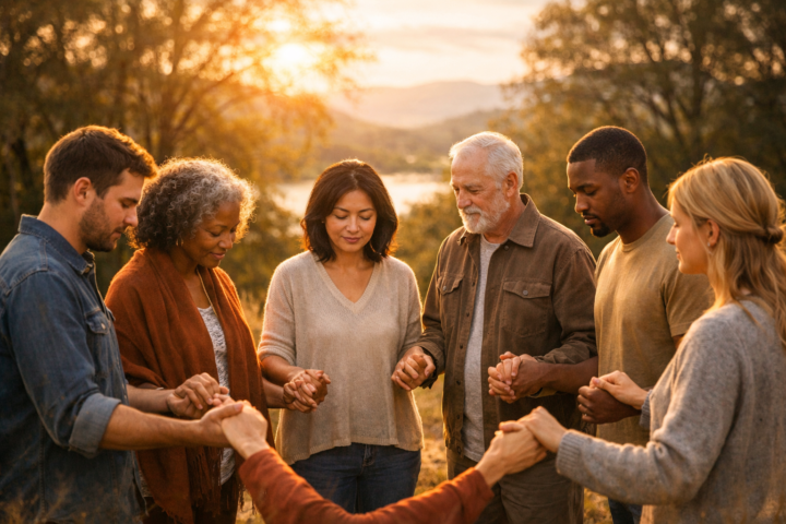Kelompok orang berpegangan tangan dalam lingkaran sebagai simbol dukungan komunitas untuk penyembuhan jiwa