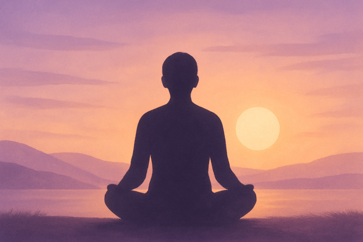 Siluet orang duduk tenang saat matahari terbenam menggambarkan kedamaian dan refleksi jiwa