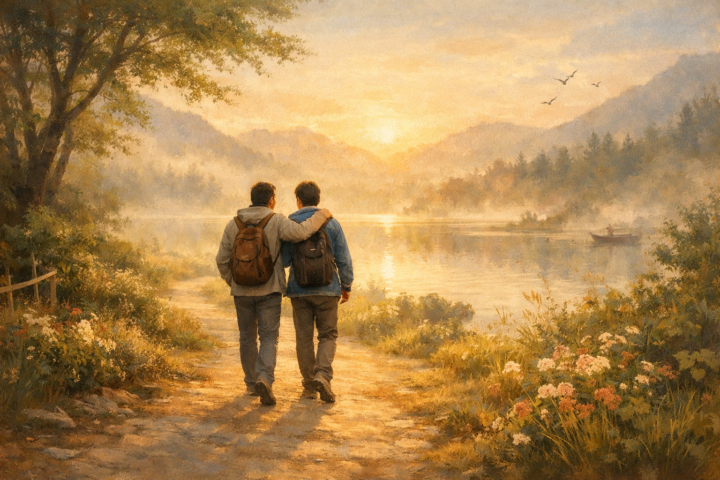 Dua sahabat berjalan bersama di jalur alam yang tenang melambangkan kebebasan jiwa dan persahabatan sejati
