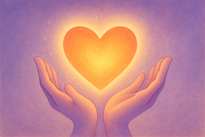 Ilustrasi hati bercahaya hangat yang dikelilingi oleh tangan yang memberi kasih, melambangkan kekuatan kasih dalam mengubah jiwa