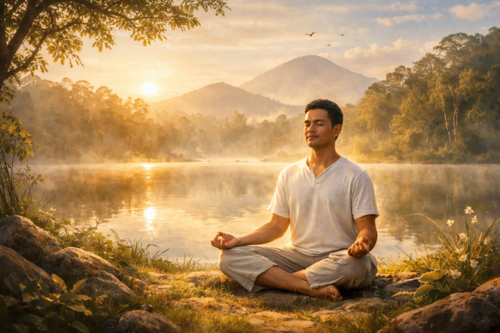 Ilustrasi seseorang bermeditasi dan menemukan ketenangan batin sebagai simbol pemulihan jiwa