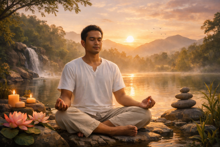 Orang bermeditasi di alam, simbol jiwa yang utuh dan keseimbangan perawatan diri