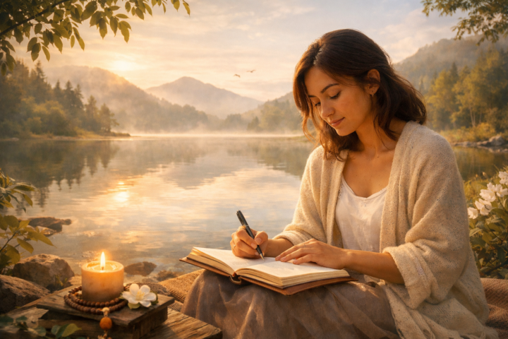Seseorang menulis jurnal reflektif di tengah suasana alam yang tenang untuk menemukan kedamaian batin.