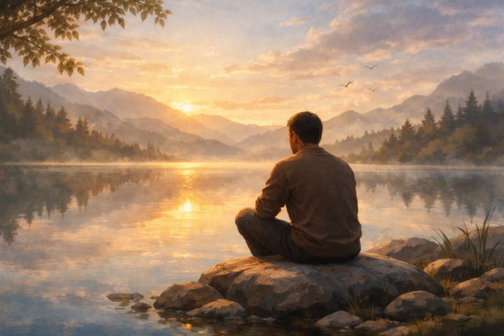 Orang sedang merenung di alam tenang simbol keberanian bertanya kepada diri untuk kesembuhan