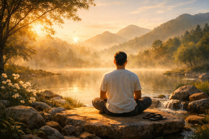 Orang duduk tenang di taman pagi hari menikmati keheningan dan kedamaian batin