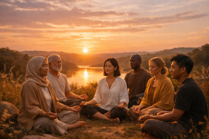 Orang orang duduk bersama dalam keheningan di luar ruangan pada saat matahari terbenam