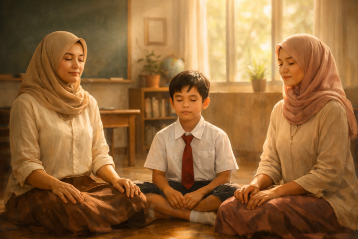 Guru, murid, dan orang tua duduk bersama dalam keheningan di ruang kelas yang tenang