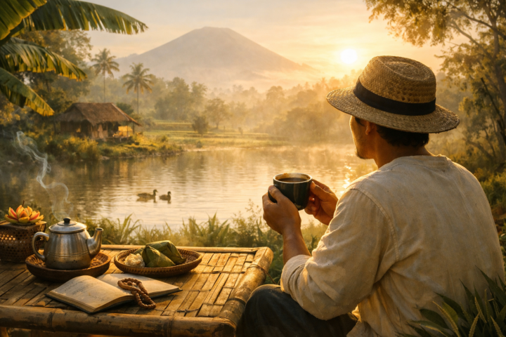 Orang menikmati kopi pagi di luar ruangan dengan suasana tenang dan alami yang menggambarkan kesadaran dalam kehidupan sehari-hari