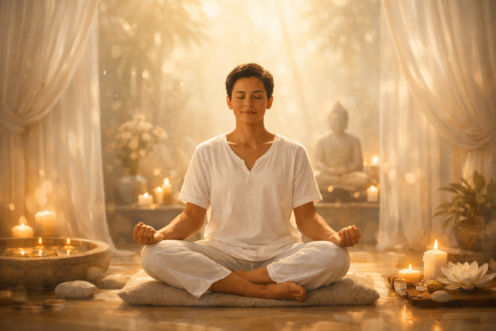 Sosok meditasi di ruang hening menunjukkan kedamaian dan kesadaran jiwa