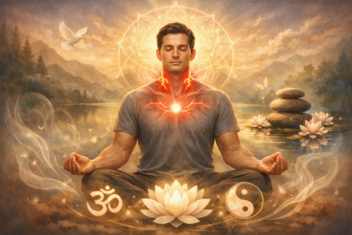 Ilustrasi ketegangan di leher dan dada dengan meditasi untuk kedamaian batin