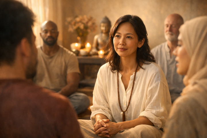 Seorang fasilitator sedang mendengarkan dengan penuh perhatian dalam sesi kesadaran yang inklusif dan reflektif