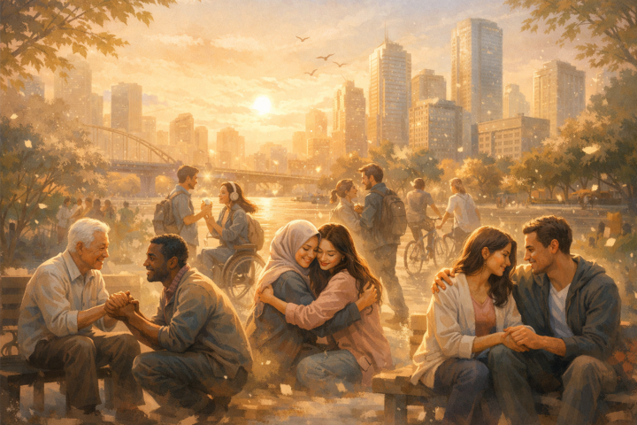 Ilustrasi orang-orang beragam yang saling terhubung dengan empati di lingkungan kota modern yang dinamis