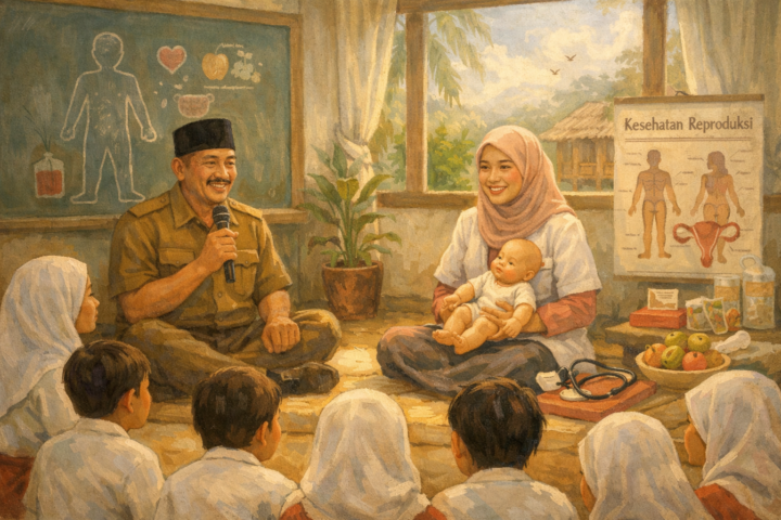 Kepala sekolah dan bidan memberikan edukasi kesehatan kepada siswa dalam sebuah sesi di sekolah desa Indonesia