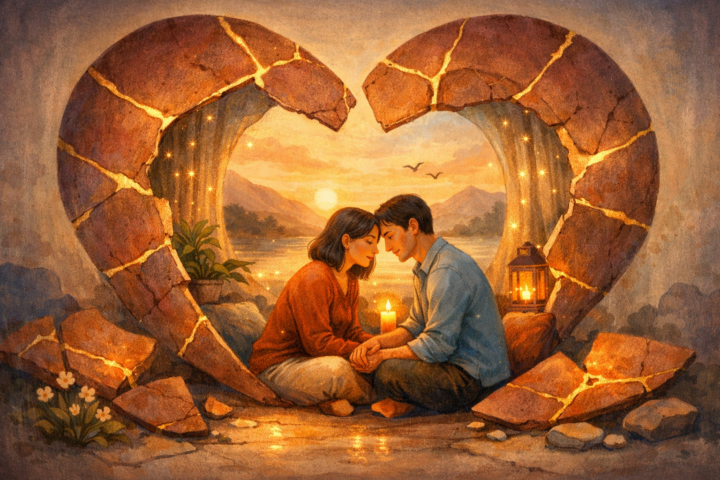 Ilustrasi dua orang memperbaiki hubungan dan membangun kembali ruang aman dalam relasi