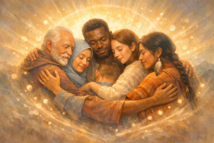 Ilustrasi orang beragam dengan cahaya penyembuhan, simbol pemulihan jiwa tanpa batasan identitas