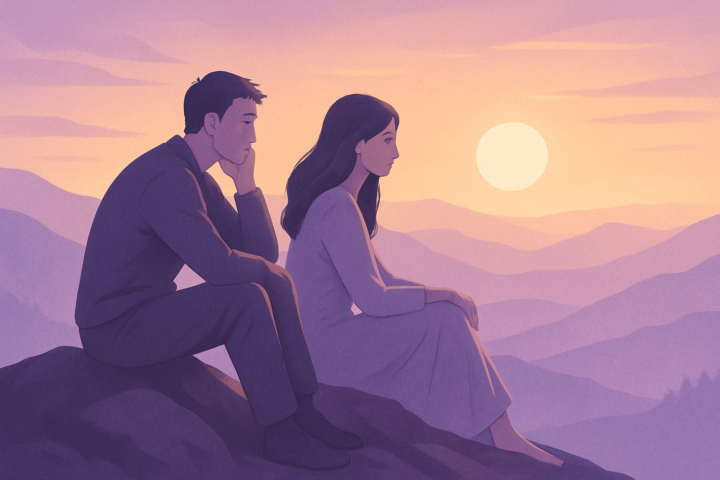 Orang merenung di puncak gunung saat matahari terbenam, simbol kesuksesan tanpa kebahagiaan