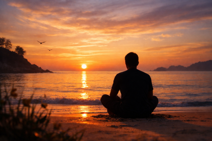 Siluet seseorang merenung di tepi pantai saat matahari terbenam, melambangkan kekuatan batin dan penyembuhan luka