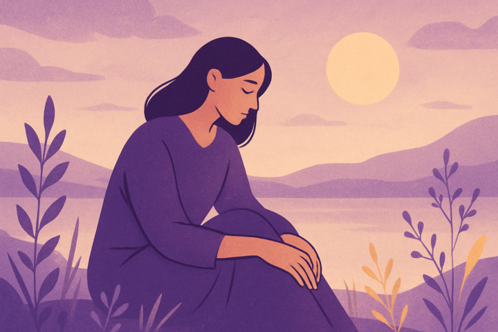 Orang sedang duduk tenang di alam sebagai simbol penerimaan dan kekuatan dalam kerapuhan