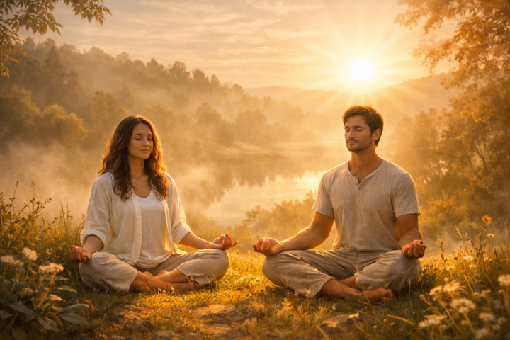 Meditasi di alam terbuka dengan cahaya matahari pagi menggambarkan kesadaran dan ketenangan