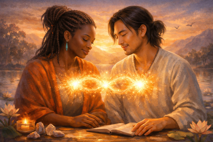 Ilustrasi dua orang berkolaborasi dengan cahaya yang menyinari dari hati mereka sebagai simbol kolaborasi jiwa