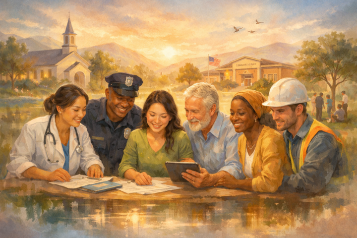 Ilustrasi kolaborasi berbagai lembaga dengan latar komunitas modern yang menunjukkan sinergi dan kesadaran bersama.