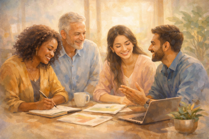 Tim profesional beragam sedang berkolaborasi dengan penuh empati dalam kantor modern yang terang