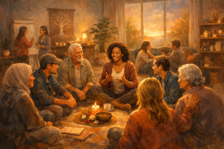 Orang-orang di Komunitas Belajar Jiwa sedang berdiskusi dan bertukar pengalaman dalam suasana kebersamaan yang hangat