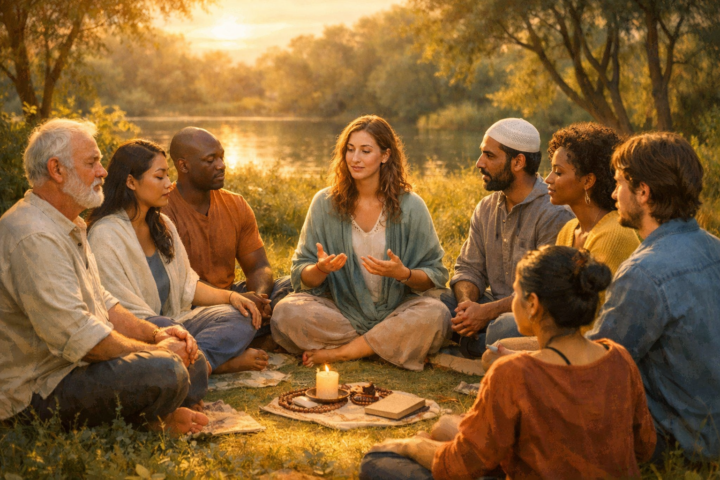 Anggota Komunitas Kesadaran sedang berdiskusi dan bermeditasi bersama dalam lingkaran di luar ruangan