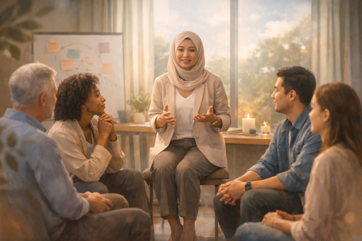 Fasilitator profesional memimpin diskusi kelompok dalam suasana kantor modern dengan partisipasi aktif