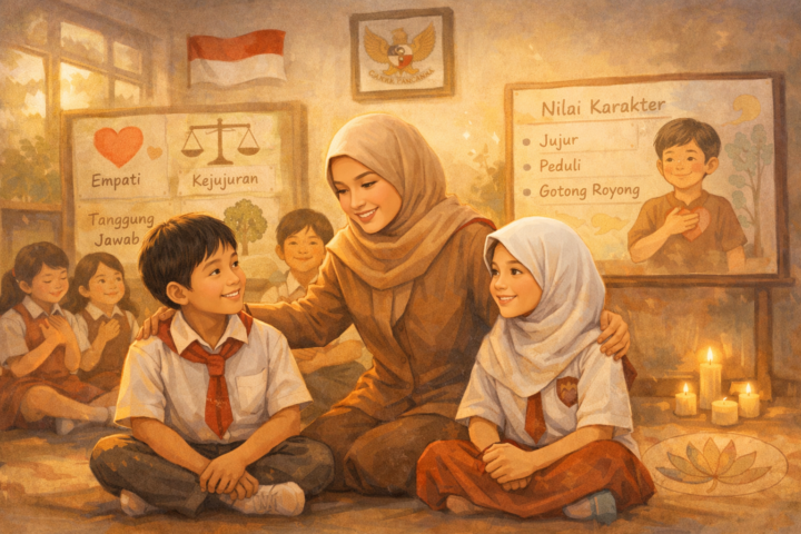 Guru dan siswa sedang berinteraksi dengan fokus pada pengembangan emosi dan makna dalam pembelajaran