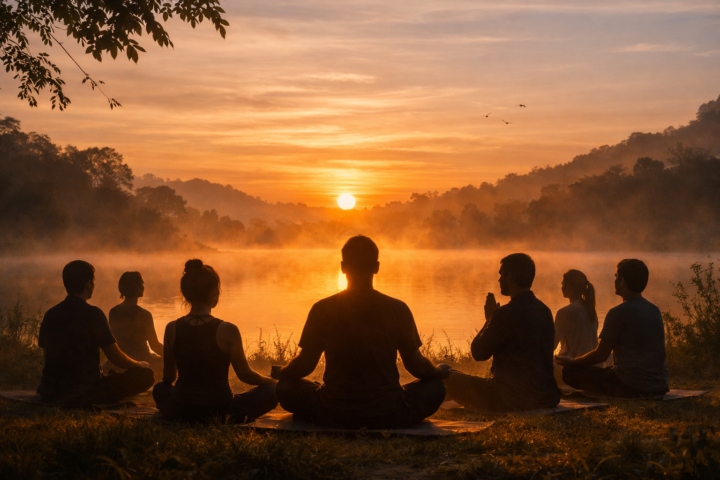 Home 10 Peserta retreat melakukan latihan napas dan meditasi di alam terbuka saat matahari terbit