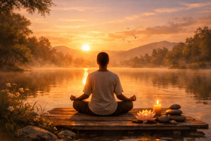 Ilustrasi meditasi dan ketenangan jiwa dengan latar alam dan matahari terbit