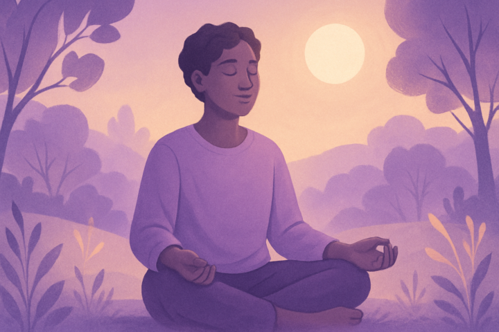 Seseorang bermeditasi di alam, melambangkan literasi jiwa dan koneksi kemanusiaan